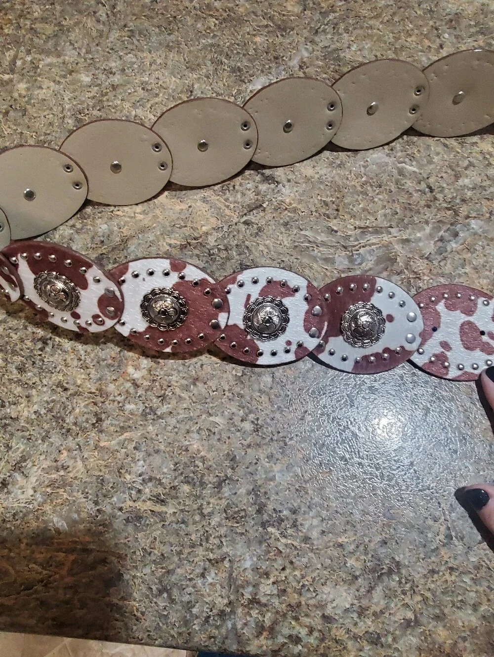 HAUTE HIPPIE NWT LARGE XLARGE. BROWN WHITE COW PRINT CONCHO BELT. WESTERN